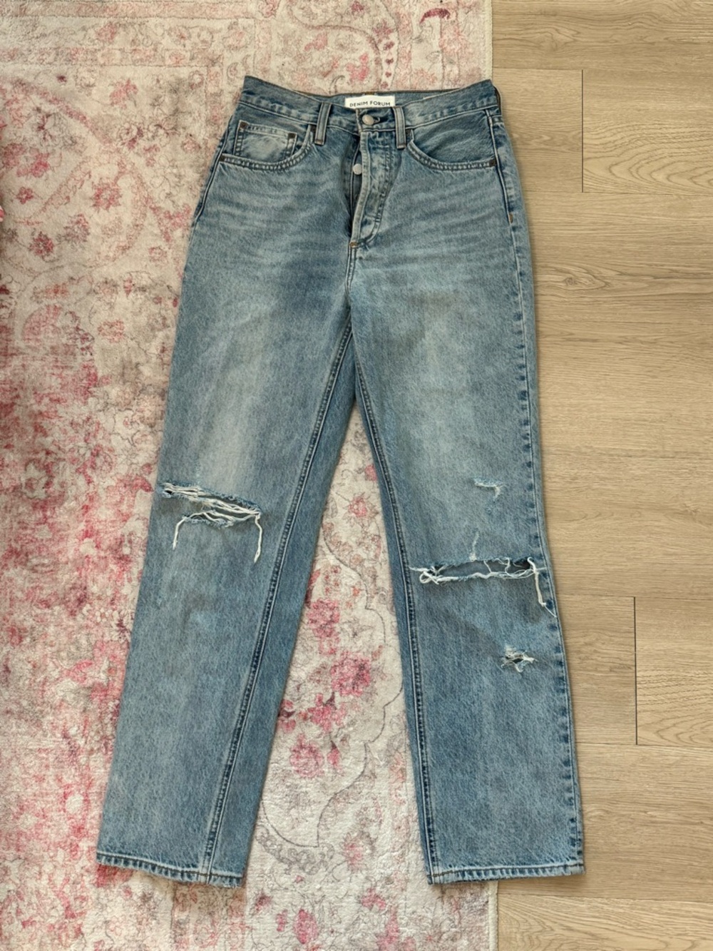 Denim Forum Light Blue Distressed Straight Leg Jeans